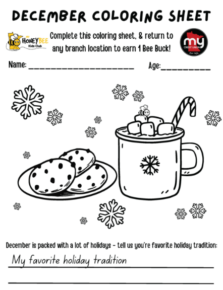 December coloring sheet with cocoa, cookies, and snowflakes