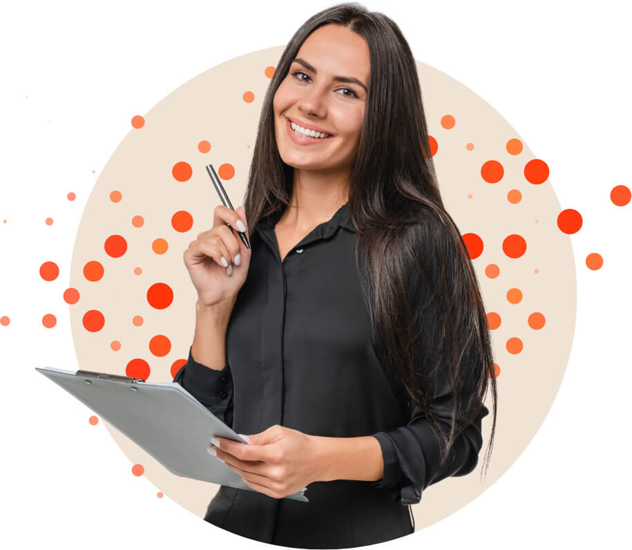 a young woman holding a pen and a clipboard smiling