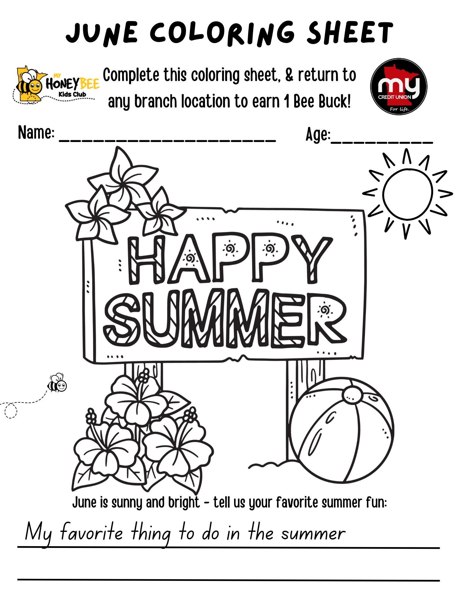 June HoneyBee Monthly Coloring Sheet 2026