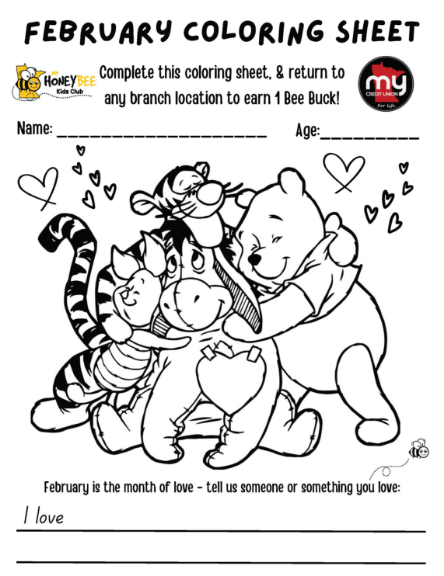 February coloring sheet with Winnie the Pooh and friends hugging