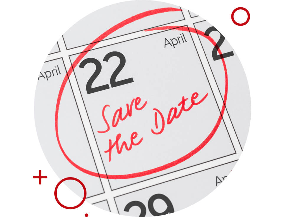 Calendar with 'Save the Date' written on April 22 circled in red.