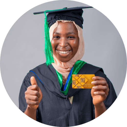 grad student holding up gift card