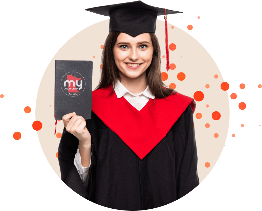 recent graduate holding up MYCU scholarship