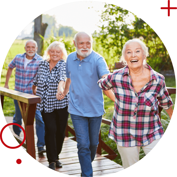 four elderly folks walking down the path