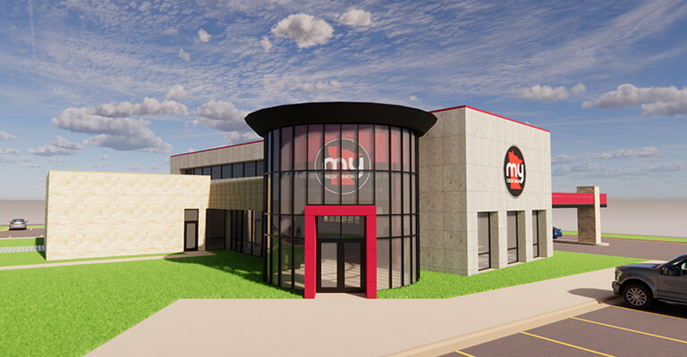 Architectural rendering of a My Credit Union building with a circular glass entry and red trim accents