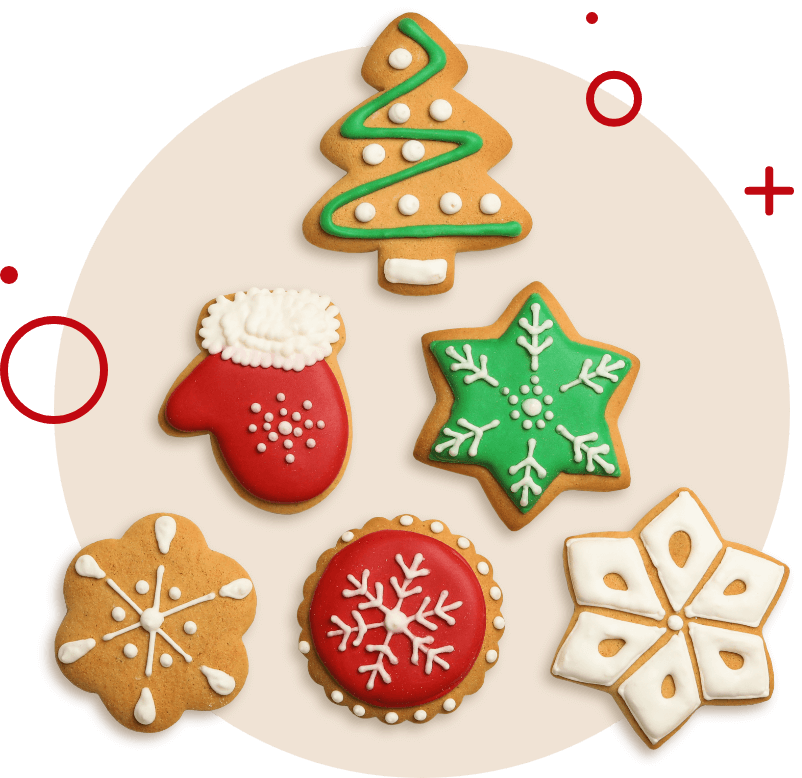 A selection of festive holiday cookies decorated with icing, including a Christmas tree, a mitten, a snowflake, a star, and a snow-covered round cookie, all arranged neatly on a light background.