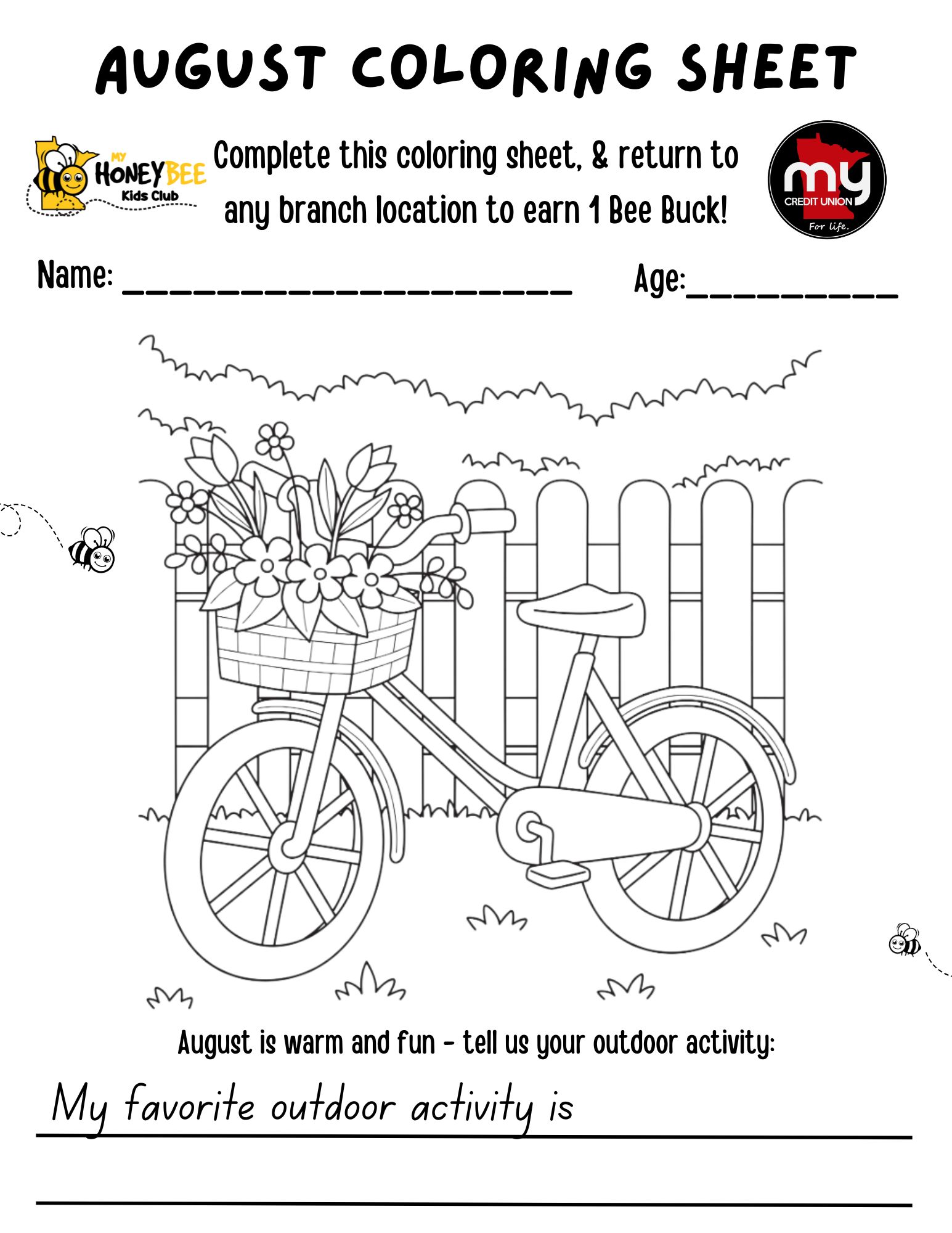 August HoneyBee Monthly Coloring Sheet 2026