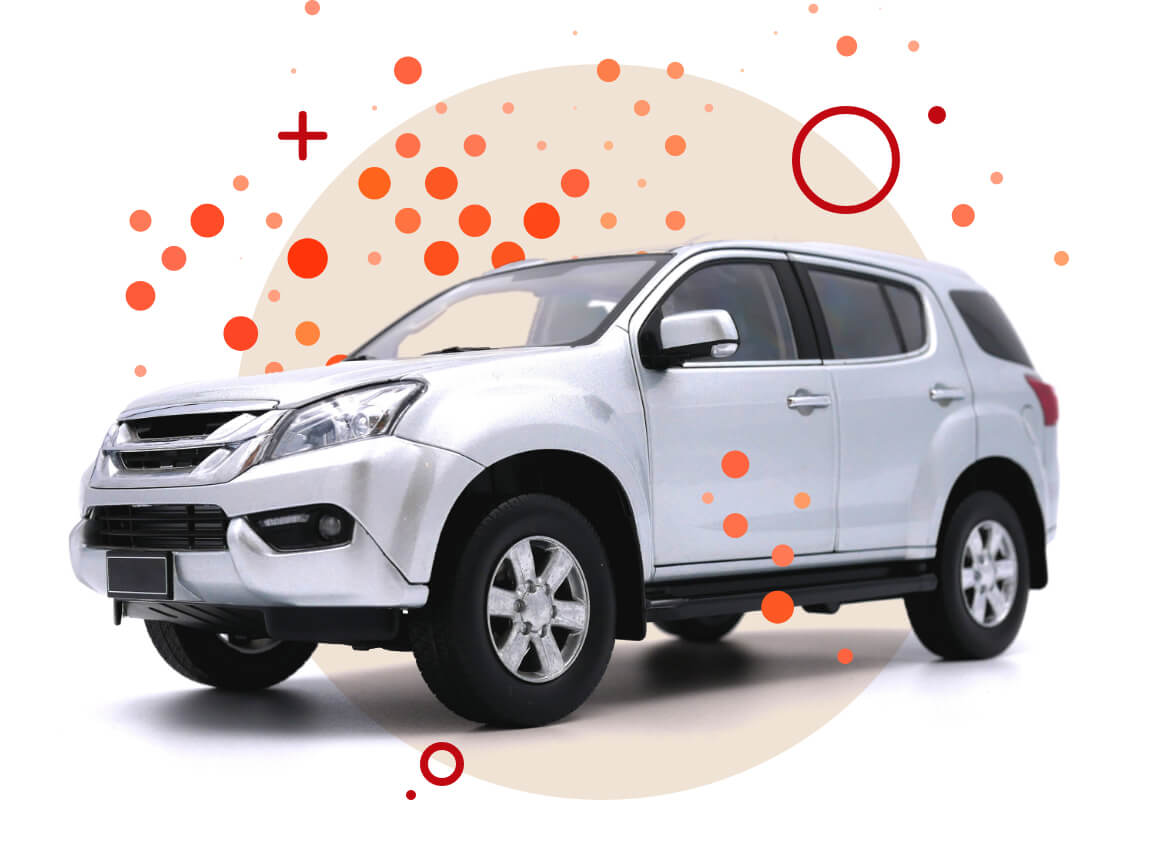 Silver SUV car with abstract orange dot design elements on a white background