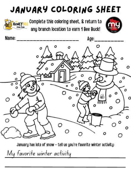 January coloring sheet with children building a snowman