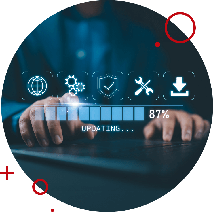 Hands on keyboard with system icons and update progress bar