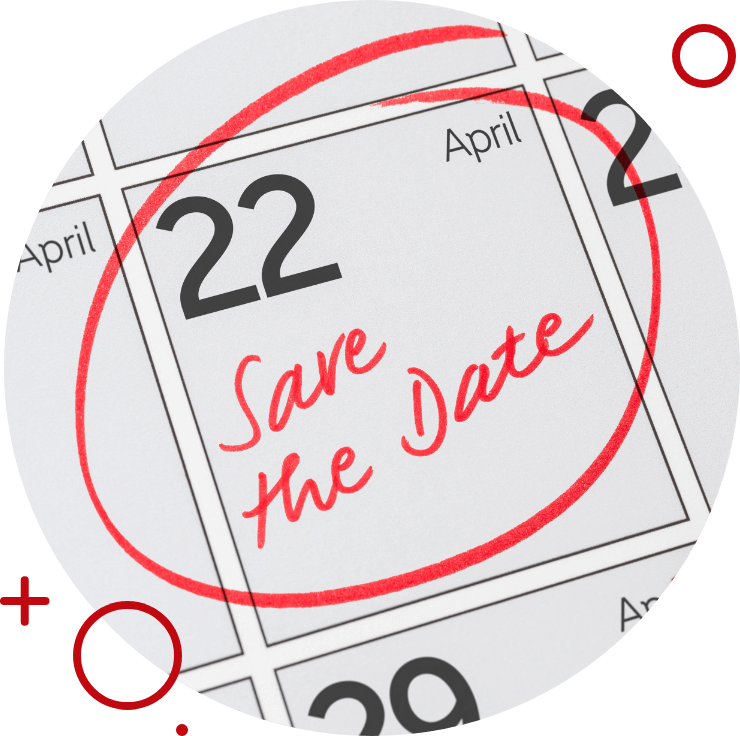 Calendar with 'Save the Date' written on April 22 circled in red.