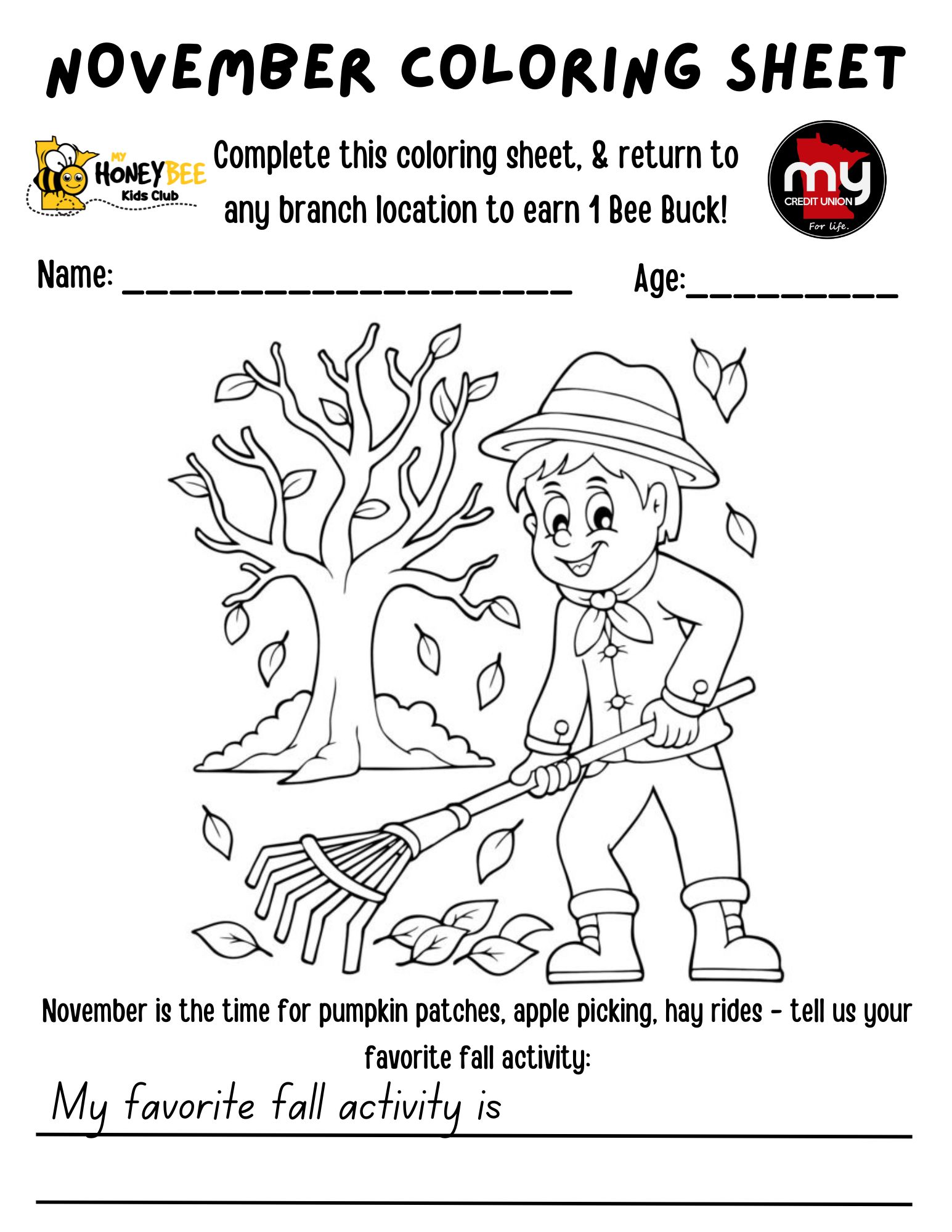 November HoneyBee Monthly Coloring Sheet 2025