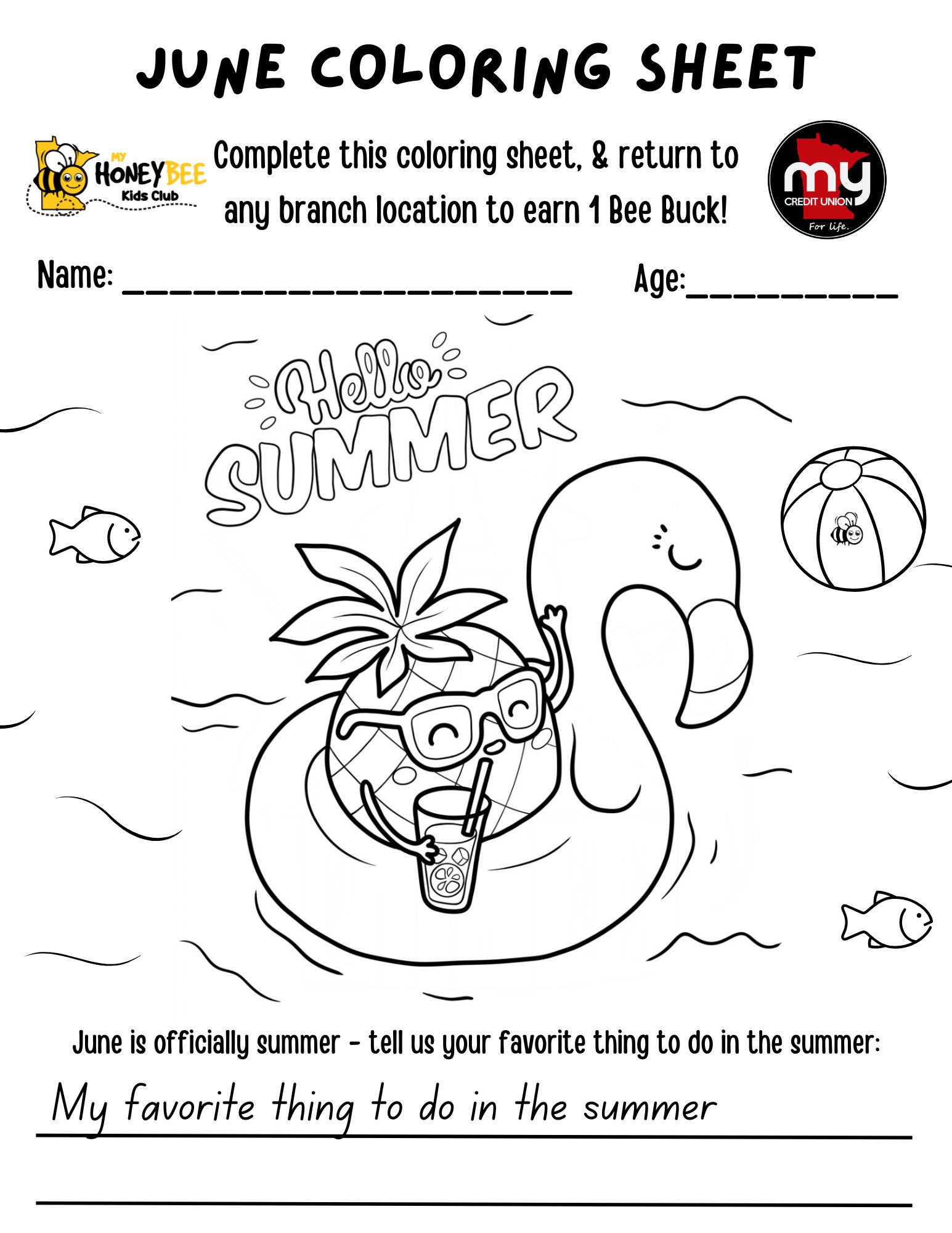 June 2025 coloring sheet. Hello Summer