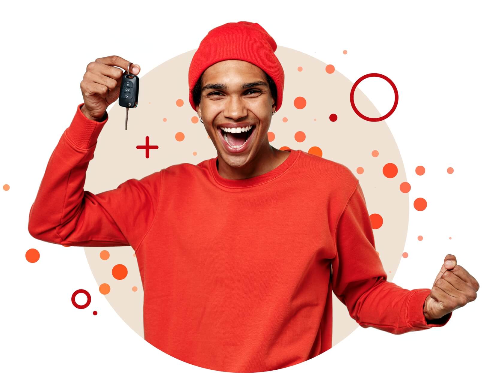 a man in red smiling and holding car keys