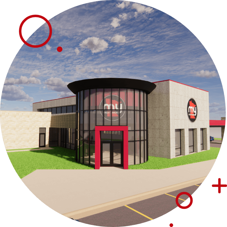 Rendering of MY Credit Union Rosemount branch with modern glass entry and red accents under a blue sky